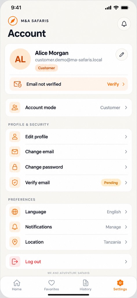 Account & Modes — Switch Customer & Guide modes, verify email, and manage Tanzania settings.