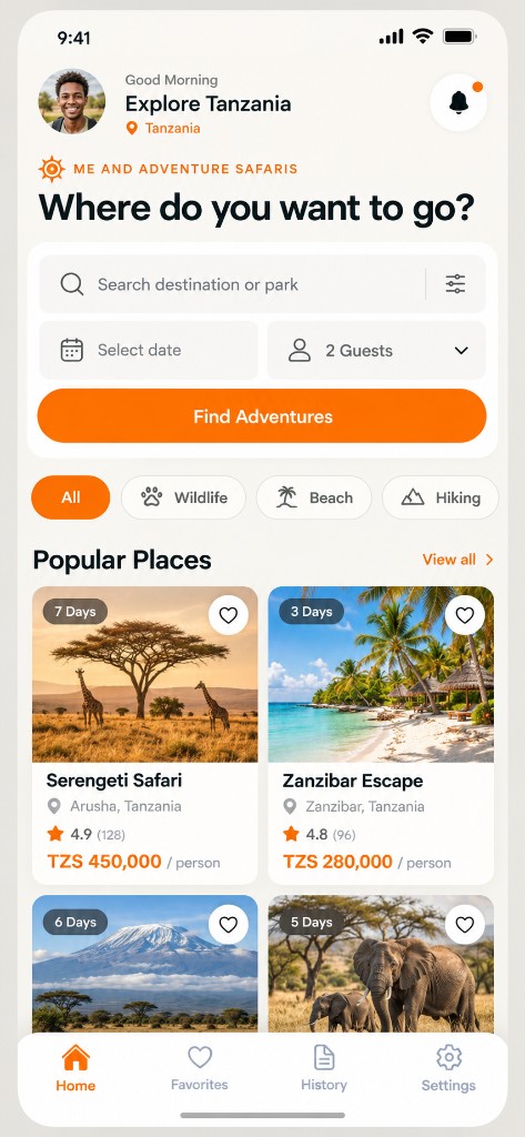 Explore Tanzania — Search parks, filter Wildlife, Beach & Hiking, and compare TZS rates.