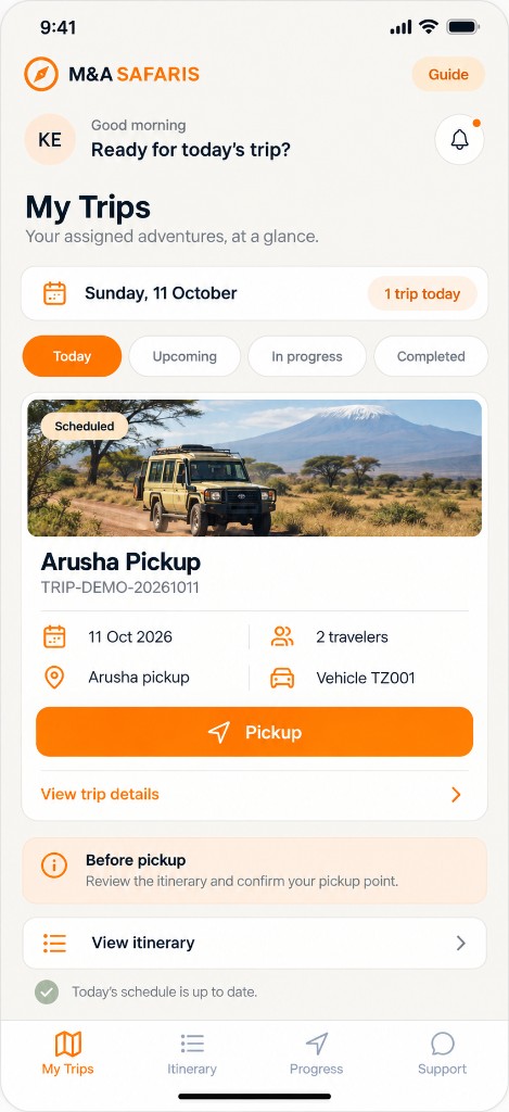 My Trips & Pickup — Daily assigned safari schedule, vehicle TZ001 & one-tap pickup trigger.