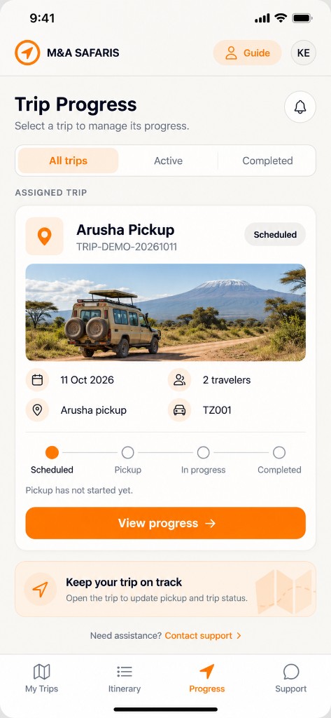 Trip Progress Tracker — 4-stage live status bar: Scheduled → Pickup → In progress → Completed.