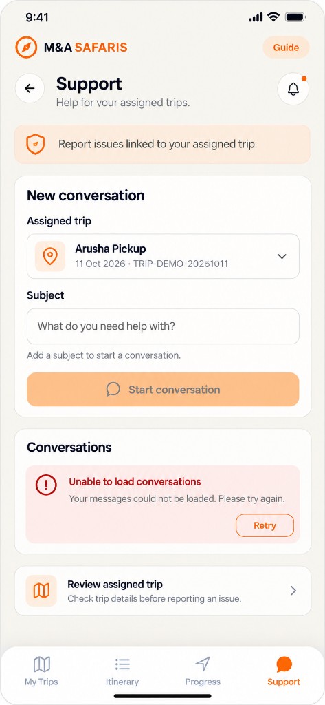 Trip Support Thread — Start a direct conversation linked to your assigned trip and Arusha desk.
